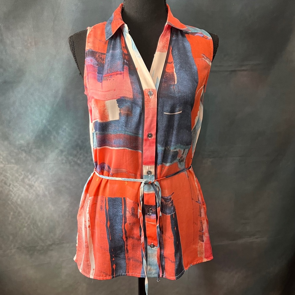 Simply Vera Vera‎ Wang Orange Blue Abstract Print Sleeveless Tie Waist Tunic XS